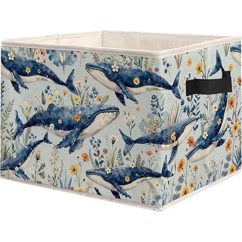 Coastal Beach Whale Storage Bins Box, Blue Ocean Whale Floral Foldable Storage Organizer Basket with Handles for Beach House Bedroom Bathroom Home Clothes Toys Books