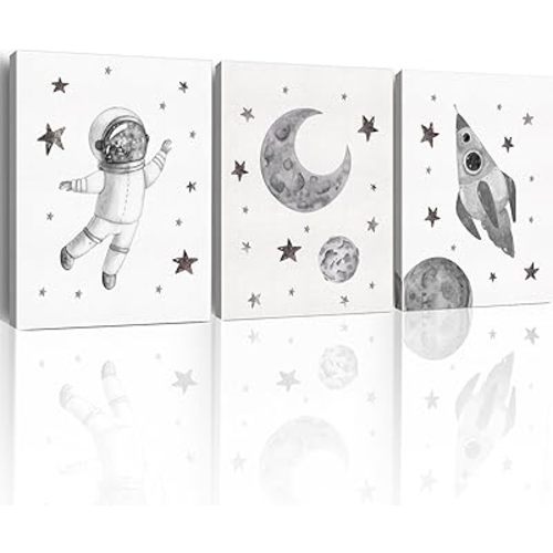 Yuzi-n Space Decor Posters, Set of 3 (12x15 Inches), Outer Space Room Decor for Boys Room, Grey and White Wall Art Prints