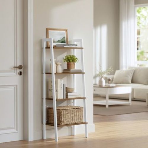 4-Tier Ladder Shelf - Steel & Particleboard Storage Rack with Adjustable Feet, for Living Room/Bedroom, Honey Brown and White