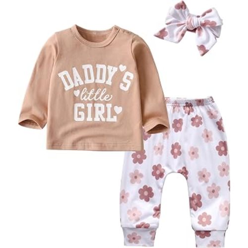 KuKitty 3Pcs Baby Girl Outfits Long Sleeve Letter T-shirt Pants Clothes Set