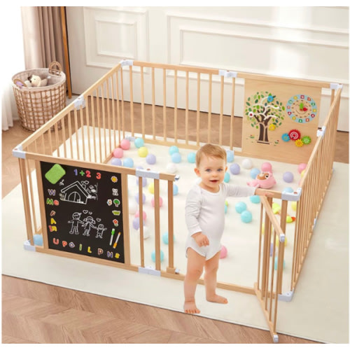 All-in-one Wood Baby Playpen with Door, Adjustable Wooden Play Fence with Magnetic Dual-Sided Chalkboard, Whiteboard & Montessori Activity Toys, Expandable Activity Center Safe Playard for Babies 3M+