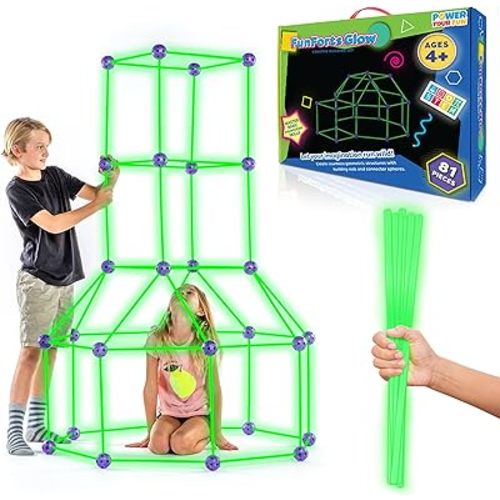 Fun Forts Glow Fort Building Kit for Kids - 81 Pack Glow in The Dark STEM Building Toys Indoor Outdoor Play Tent for Kids Construction Toys with 53 Rods and 28 Spheres