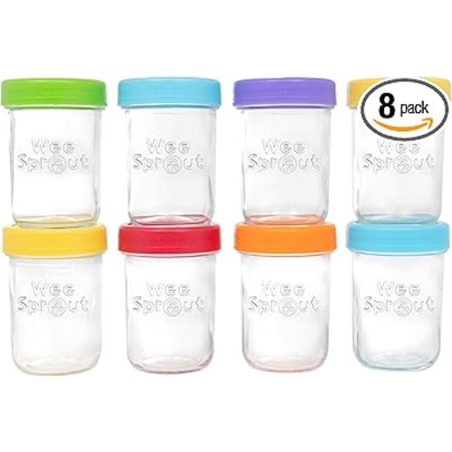 WeeSprout Glass Baby Food Storage Jars w/Lids (8 oz, 8 Pack Set) Snack, Puree, Reusable Small Containers, Breast Milk, Fridge or Freezer, Microwave & Dishwasher Safe, Essential Must Have for Infants