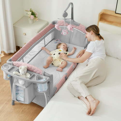 Babyomi Multifunctional Co-Sleeper Bassinet with Adjustable Height, Pink, with 3 Hanging Toys