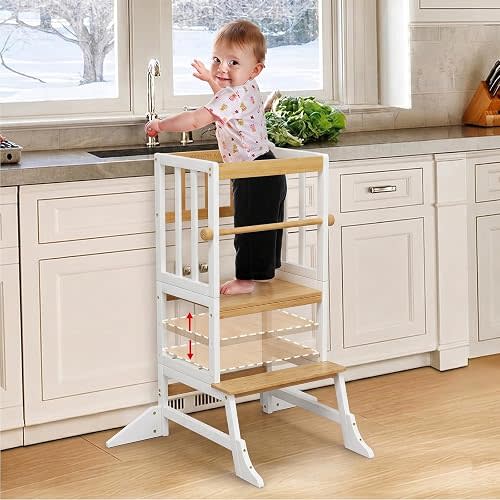 COSYLAND Toddler Standing Tower - Adjustable Height Toddler Kitchen Stool Helper - Kids Kitchen Step Stool for Learning with Removable Safety Railing White & Natural