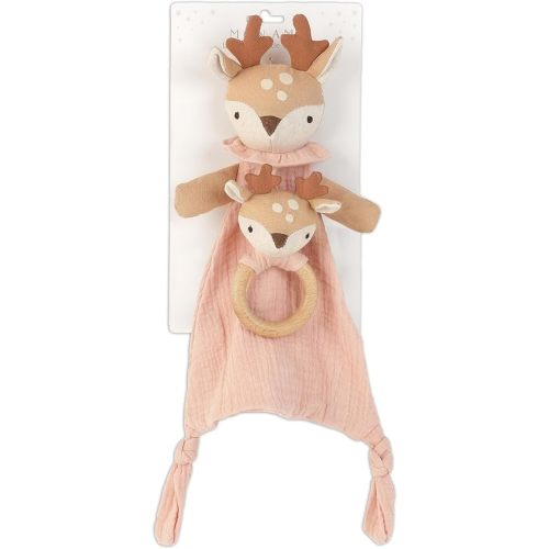 MON AMI Charming Fawn Security Blankie for Babies 11.5” – Cotton Lovey Blanket with Soft Stuffed Animal, Knotted Security Blanket and Rattle Gift Set for Newborns and Toddlers