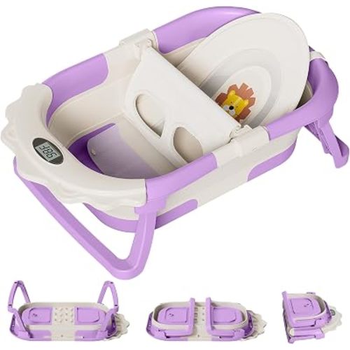 TPN Collapsible Baby Bathtub for Infants to Toddler with Real-time Temp Monitor+Floating Cushion 1 (Lavender, Little Lion)
