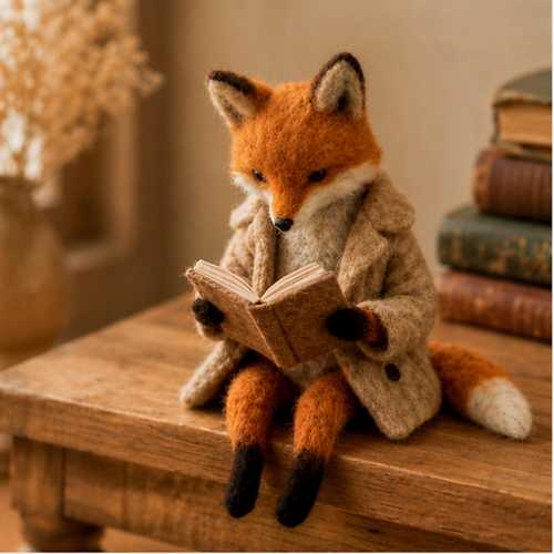 Whimsical Needle Felt Fox Reading Book – Handmade Wool Fox Figurine, Cozy Cottagecore Animal Decor, Storybook Fox Gift