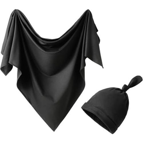 Newborn Swaddle Blanket with Hat Set Beanie Newborn Photography Wraps Hospital Receiving Blankets for Girls Boys 35"*35"(Black-pl)