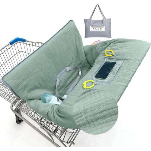 Muslin Shopping Cart Cover for Baby Soft & Breathable High Chair Covers for Restaurant Seat Grocery Cart Cover with Storage Pocket Machine Washable for Infant Toddler Boy Girl,Sage Green