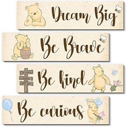 BirtDerr 4Pcs Winnie Nurasy Decor-Winnie Bedroom Wall Decor-Adorable the Pooh Sign for Baby Room-the Pooh Nursery Decor-Baby Shower Decorations(Classic)