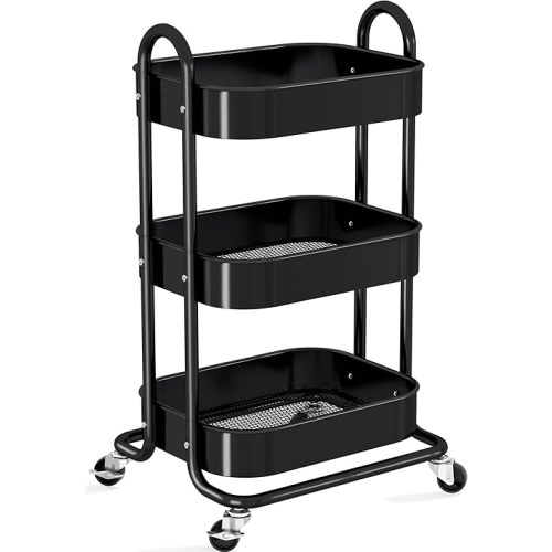 3 Tier Rolling Cart Metal, Three Tier Utility Storage Cart with Handle and Lockable Wheels, Multifunctional Organizer Trolley with Mesh Baskets for Book, Art, Craft, Snack, Cleaning, Sturdy