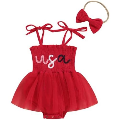 Newborn Infant 4th Fourth of July Baby Girl Outfits Bubble Romper White Red and Blue Clothes+Headband