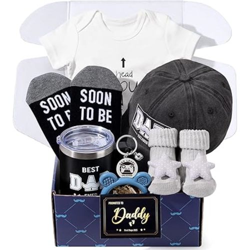 2026 New Dad Gifts Box, 9 Pcs First Time Dad Gifts, Dad to Be Gifts for 1st Time with Tumbler Hat Onesie Socks Keychain for Baby Shower，Unique Kit for Soon to Be or Expecting Father