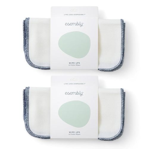 Esembly Wipe Ups, Organic Cotton Reusable Baby Wipes, Soft and Sturdy Washable Cloth Diaper Wipe, One Size, 2 x 12-pk (24 wipes)
