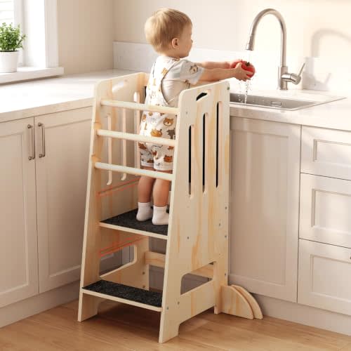 Toddler Tower Kitchen Helper Adjustable Height, Toddler Kitchen Stool with Blackboard, Super Stable Learning Tower with Safety Rails & Soft Non-Slip Pads, Wooden Kids Step Stool(Natural)