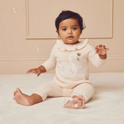 Beatrice & George - Girls Pale Pink Merino Wool Swan Trouser Set | Childrensalon (9 Months)