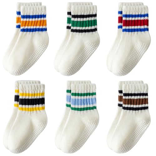 Toddler Non-Slip Socks Unisex Baby Grip Stripe Crew Cotton Socks | Seamless Ankle Socks with Retro Elastic Sock Cuff for Boys Girls Kids 6 Pairs