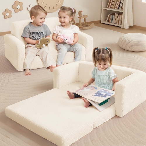 Kids Couch, Caveen Extra Wide Kids Sofa, 2 In 1 Convertible Toddler Sofa Chair for Boys and Girls, Beige