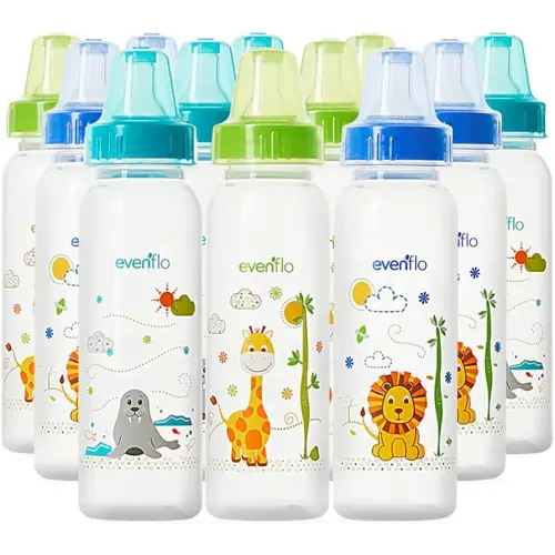 Evenflo Feeding Classic Prints Polypropylene Bottles for Baby, Infant and Newborn - Blue/Green/Teal, 8 Ounce (Pack of 12)