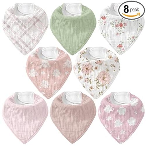 8 Pack Muslin Baby Bandana Bibs for Drooling and Teething | Absorbent Cotton Drool Bib for Baby Boy Girl, Easy Adjustable Bibs for Newborn Infants Toddlers, 0-36 Months, Pink Floral