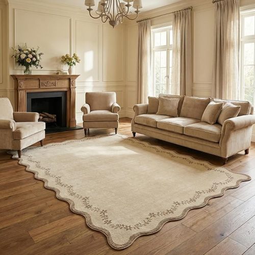 GarveeHome 5x7 Scalloped Area Rug Tan Jute Washable Rugs for Living Room Bedroom, Soft Low Pile Non Slip Accent Floor Mat Solid Floral Print Throw Rug Farmhouse Indoor Carpet for Dorm Playroom