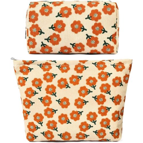 SOIDRAM 2 Pieces Flower Makeup Bag Large Corduroy Cosmetic Bag Capacity Canvas Mix Travel Toiletry Bag Organizer Cute Makeup Brushes Aesthetic Accessories Storage Bag for Women, Flower Mix Orange