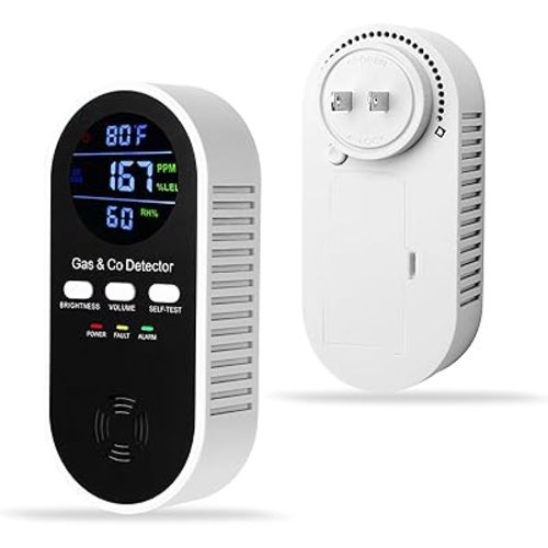 5-in-1 Carbon Monoxide Detector & Natural Gas Leak Alarm,AC-Plug-in CO Alarm & Explosive Gas Detector Battery Backup with Temperature(°F) & Humidity,Three Levels Volume & Brightness for Home,RV,Hotel
