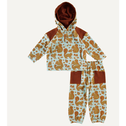 long sleeve color blocked hoodie + relaxed jogger set | squirrels | organic cotton interlock
