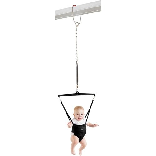 Jolly Jumper ICONIC Doorway Baby Jumper (Black), Indoor Exercise Saddle Seat, Adjustable Height, for Infants up to 28lbs, No Stand Required