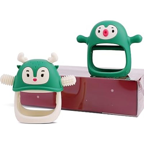 Smily Mia Baby Christmas Stocking Stuffers, Baby Teething Toys丨Penguin Teether for 0-6M, Reindeer Chew Toys for 3-6M,Teething Mittens for 6-12M Babies, My First Christmas Gift, Pine Green