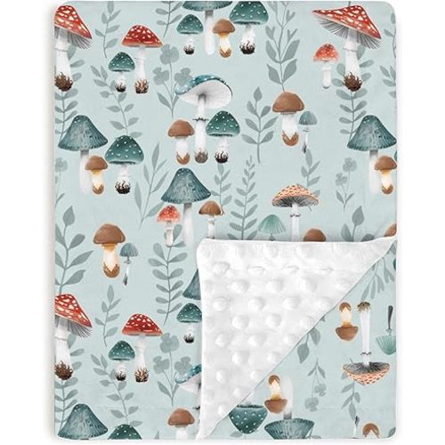 Boho Mushroom Forest Baby Blankets for Girls Boys 30" x 40", Blue Soft Double Layer Minky Blanket with Dotted Fleece Back, Nursery Bed Receiving Quilt for Newborn Infant Toddler Shower Gift