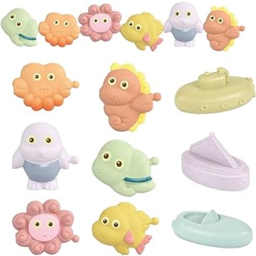 9PCS Mold Free Baby Bath Toy,Silicone Bathtub Toy w/ Building Animal & Floating Boat,Soft Chewable Teething Toy,Squeeze Play Early Educational Learning Nesting Toy for 6m+ Boys & Girls