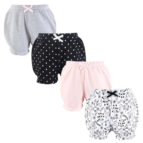 Hudson Baby Infant Girls Shorts Bottoms 4-Pack, Black White Floral, 0-3 Months