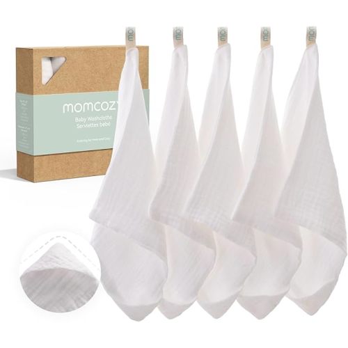 Momcozy Baby Washcloths - 4 Layer Design| Medium Thickness| Soft & Absorbent| Premium Cotton for Newborns' Skin-Great for Bathing, Wiping & on-the-go Use, Shower Gift and Essential(5 Pack, 10x10 inch)