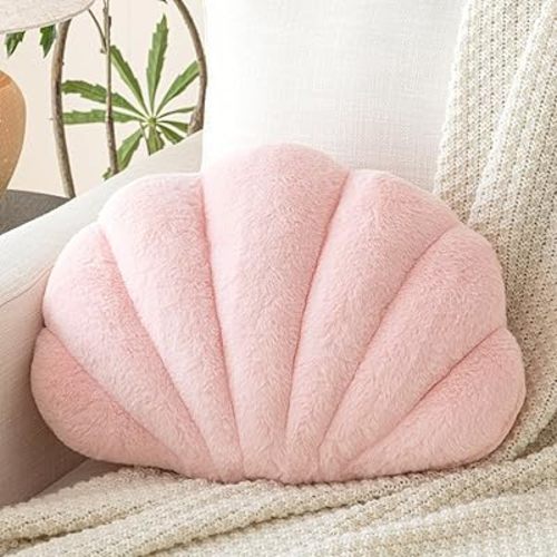Shell Pillow, Seashell Throw Pillow with Soft Rabbit Plush for Couch Bed, Shell Shaped Decorative Ocean Pillow Stylish Beach Cushion Room Aesthetic Home Decor