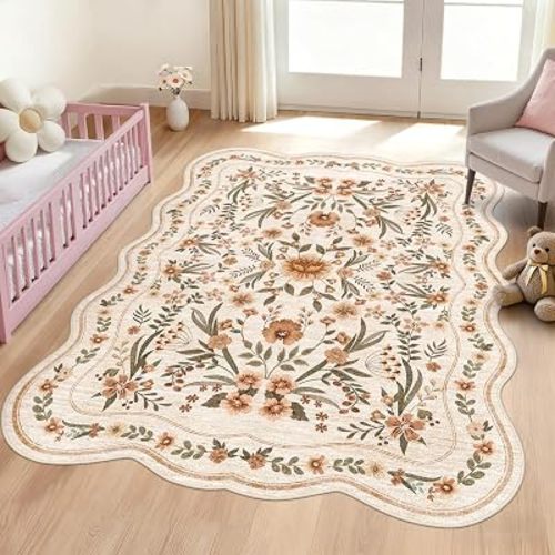 Scalloped Floral Rug 5x7, Beige Terracotta Washable Non Slip Area Rug for Girls Bedroom, Soft Low Pile Cottagecore Carpet for Nursery, Dorm, Kids Room, Living Room