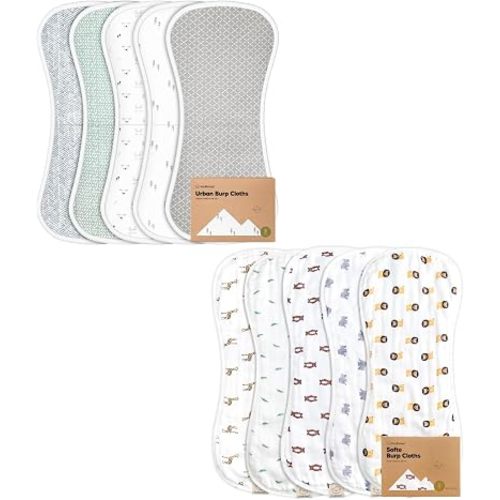 KeaBabies 5-Pack Organic Burp Cloths for Baby Boys and Girls and 5-Pack Muslin Baby Burp Cloths - Ultra Absorbent Burping Cloth, Newborn Burp Towel - Bamboo Viscose Cotton Baby Burp Cloth