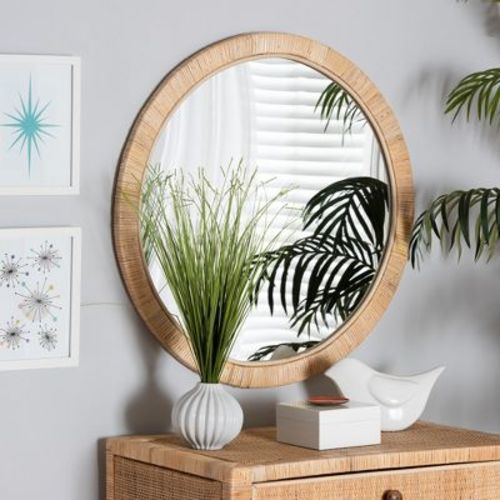 bali & pari Bella Modern Bohemian Natural Brown Mahognay Wood and Natural Rattan Round Mirror