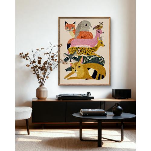 Whimsical Forest Animal Totem Art Print, Colorful Folk Style Woodland Creatures Wall Decor, Boho Nursery Poster - Sold UNFRAMED #885