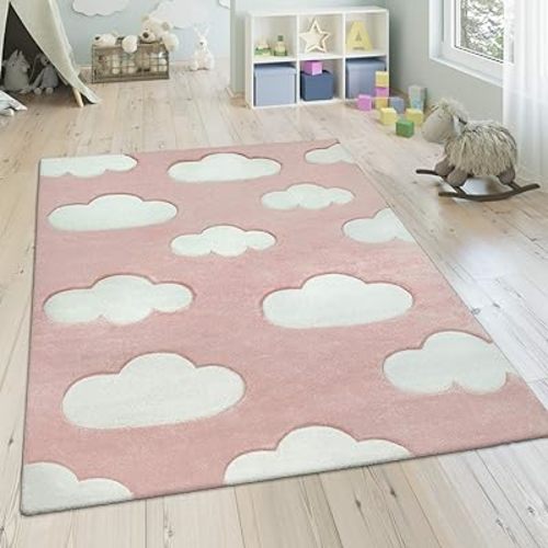 Modern Kids Rug with Clouds in Pink Pastel for Nursery, Size: 4'7" x 6'7"