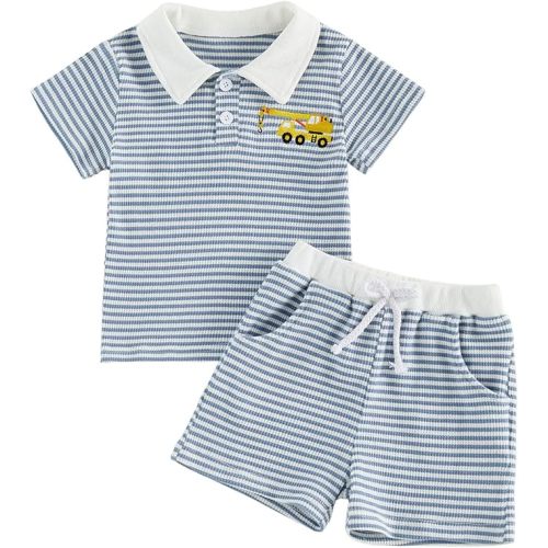 Yojeasrio Toddler Baby Boy Summer Outfit Cute Waffle Truck Embroidery Stripe Short Sleeve T-shirt 6 12 18 Months Shorts Set