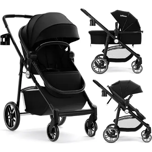 INFANS 2 in 1 Baby Stroller, High Landscape Infant Stroller & Reversible Bassinet Pram, Foldable Pushchair with Adjustable Canopy, Storage Basket, Cup Holder, Suspension Wheels (Black)