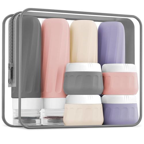 Travel Bottles for Toiletries 8 Pack, Travel Size Toiletries, Tsa Approved Travel Size Containers 3oz, with Travel Essentials Clear Bag, Leak Proof Silicone Squeezable Creams Jars