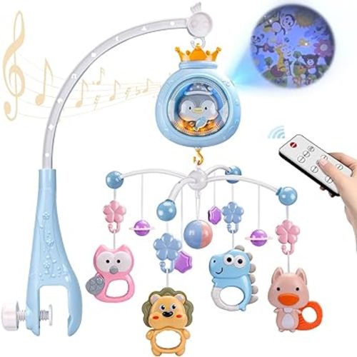 ZFSZSY Crib Mobile with Music and Lights,Mobiles for Cribs, Baby Mobile Arm Toys Hanging for Girls Boys Infants 0-6 6-12 Months, Bassinets Nursery Musical Portable Mobile Clip On Pack and Play(Bule)