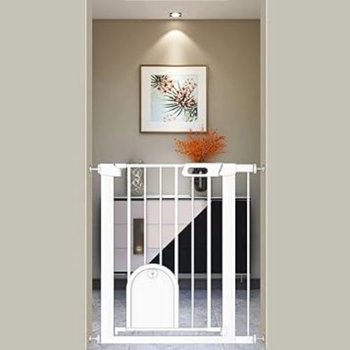 Narrow Baby Gate with Cat Door Walk Through Gate for Puppy Dog Doorway Stair - Pressure Mounted Safety Child Gate 26.77"-29.53" Wide White