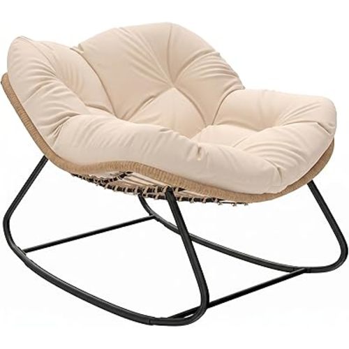 Outsunny Papasan Rocking Chair, Wicker Oversized Indoor Outdoor Rocking Papasan Chair with Cushion, PE Rattan Outdoor Rocker Egg Chairs for Living Room, Garden, Patio, Balcony, Cream White