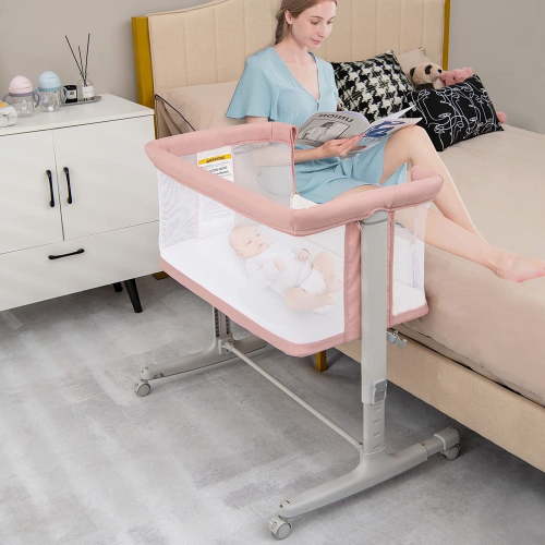 INFANS 3 in 1 Baby Bassinet, Bedside Bed for Newborn, Folding Crib with Mattress, Travel Bag, Wheels