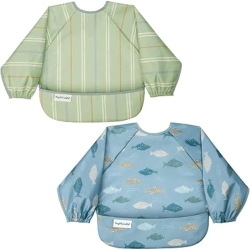 Tiny Twinkle Long Sleeve Bib for Babies&Toddlers|2-Pack Waterproof Smock Bib for Eating|Machine Washable&Mess-Proof Feeding Essentials|Newborn Shower Gift(Heritage Stripe,Gone Fishing,6-24M)