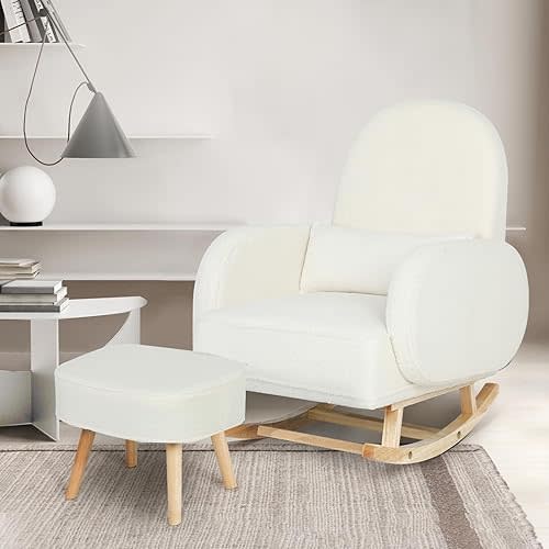 Levede Rocking Chair Nursery with Ottoman, Upholstered Glider Armchair with Footrest for Living Room or Bedroom, Ergonomic Cloud Design, Solid Wood Base, Max Load 85kg, Beige